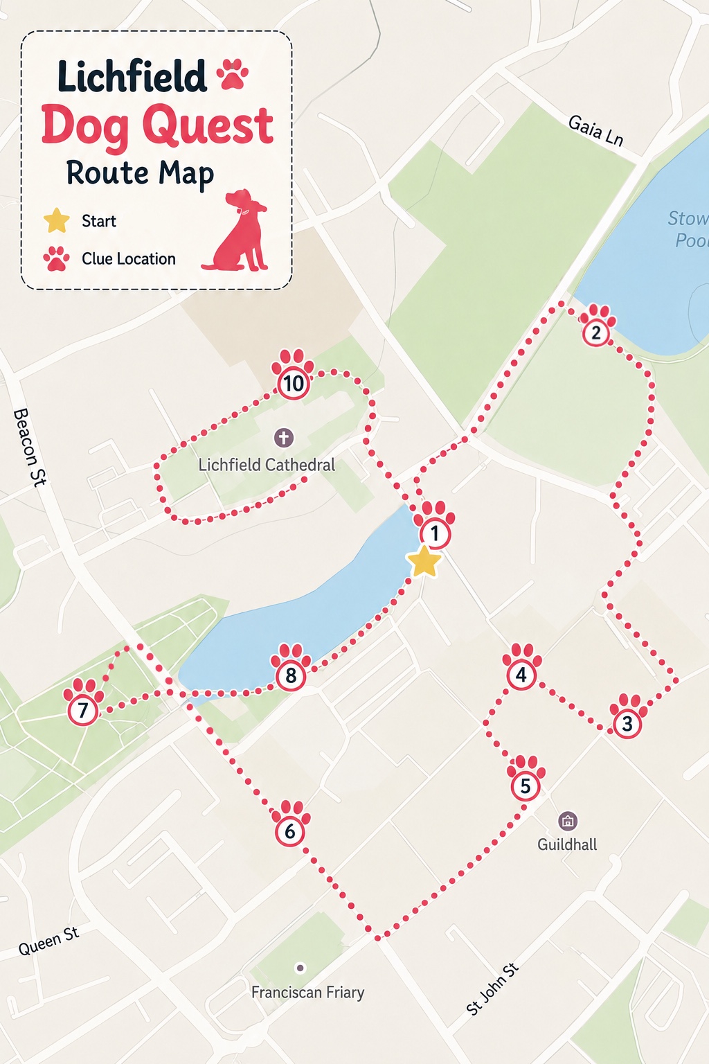 Walking route map for the Lichfield Dog Quest